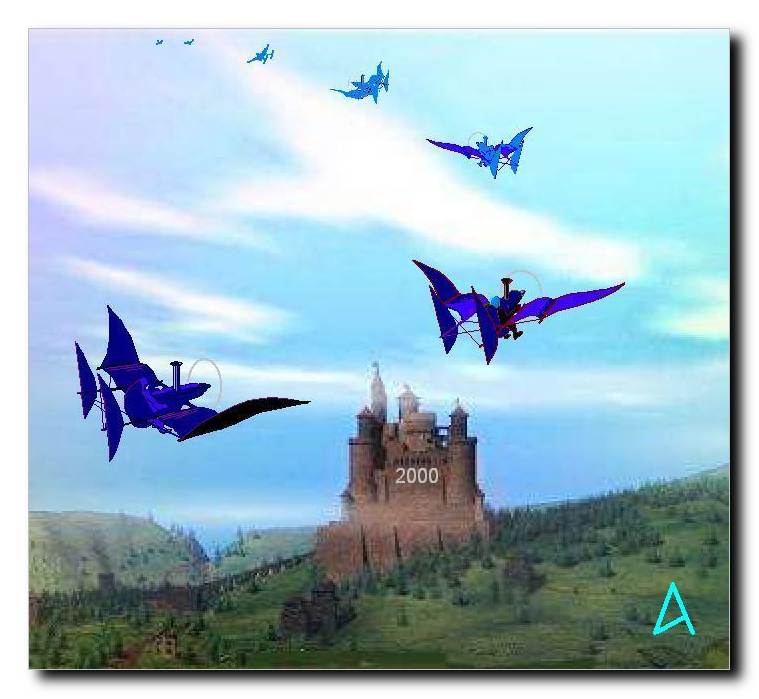 Alien Steam-Powered Birds fly over Castle - 2000