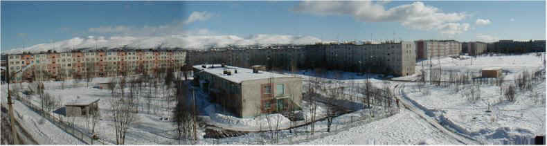 View across the Apatity Apartment Blocks towards the Arctic Khiberny Mountains